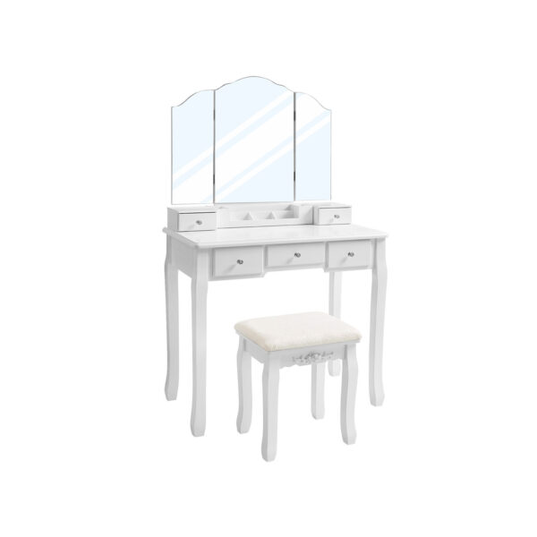 kosmetinis staliukas baltas klasikinio stiliaus su veidrodziu ir taburete