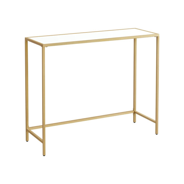 minimalistinis konsolinis staliukas aukso spalvos plieno remu ir baltu virsumi